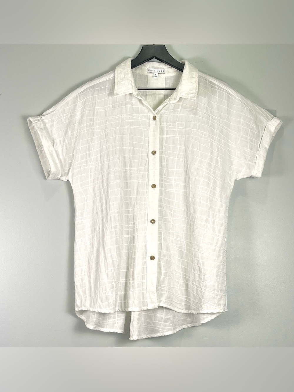 MIOU MUSE Women's Linen Blend White Button-Up Shirt Textured Fabric Size Large
